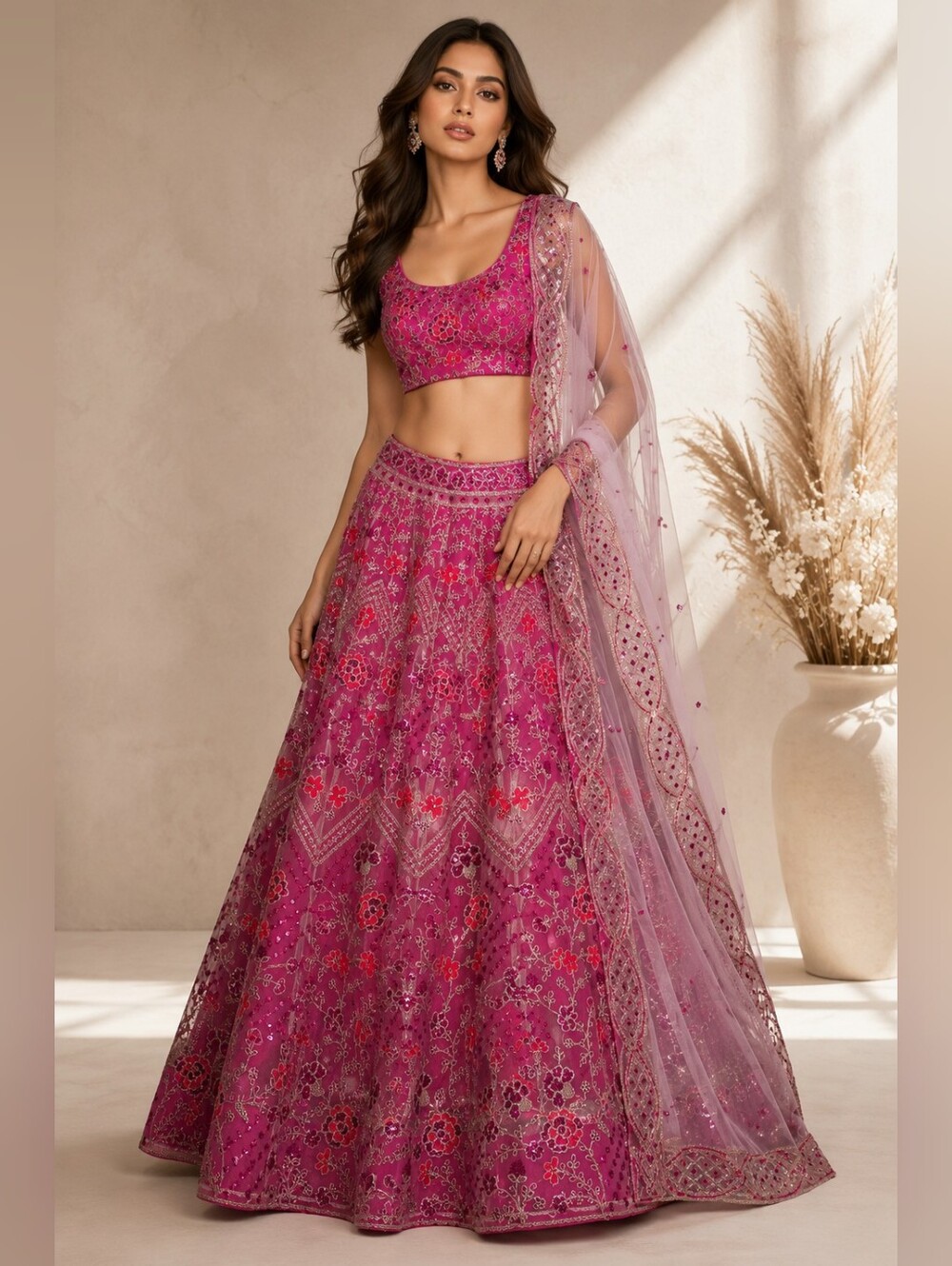 Rose Pink Net Sequins embroidered Flared Style Lehenga Choli - Size 6